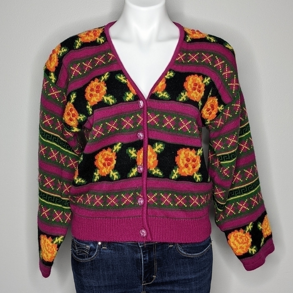 Vintage Boundary Waters purple orange green floral cardigan SP